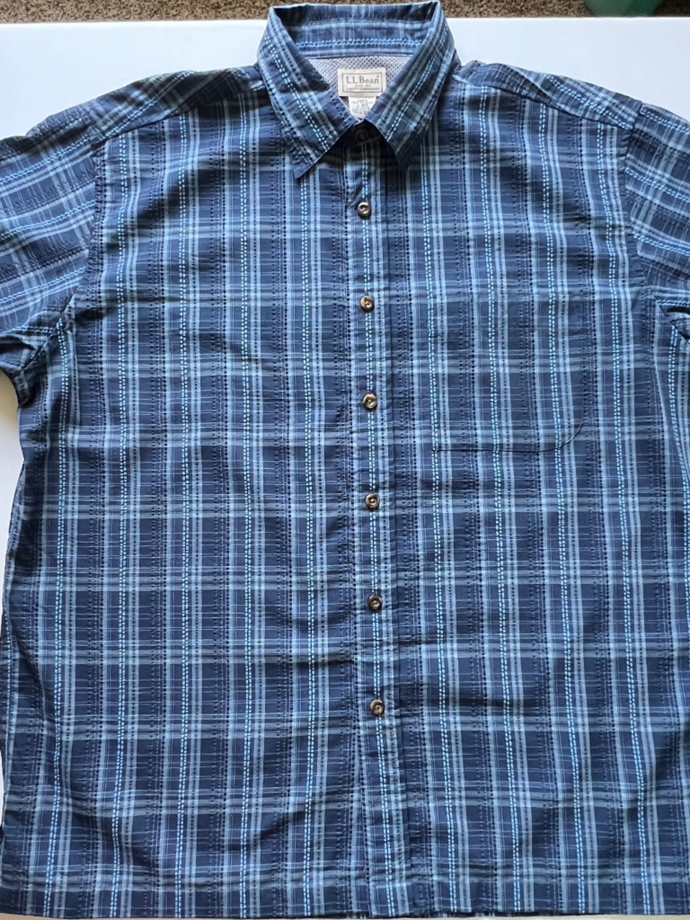 L.L. Bean Shirt Size Medium Button Down Blue Plaid Short Sleeve Mesh Textured